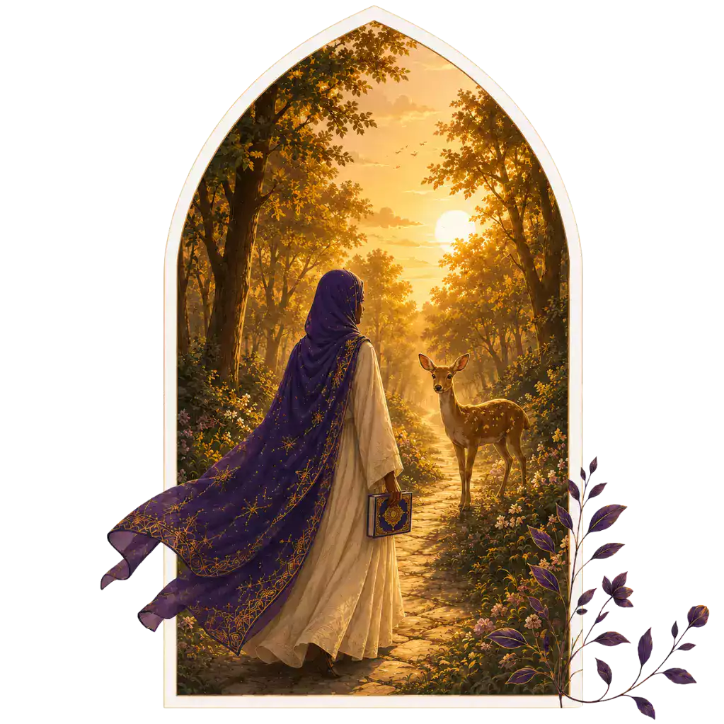 Femme voilée tenant un Coran dans une forêt au coucher du soleil, face à un faon.