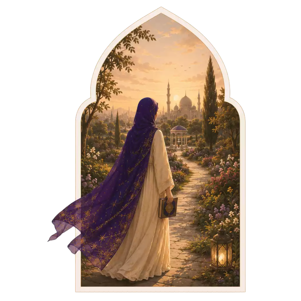 Femme voilée marchant dans un jardin avec un Coran à la main, en direction d’une mosquée.