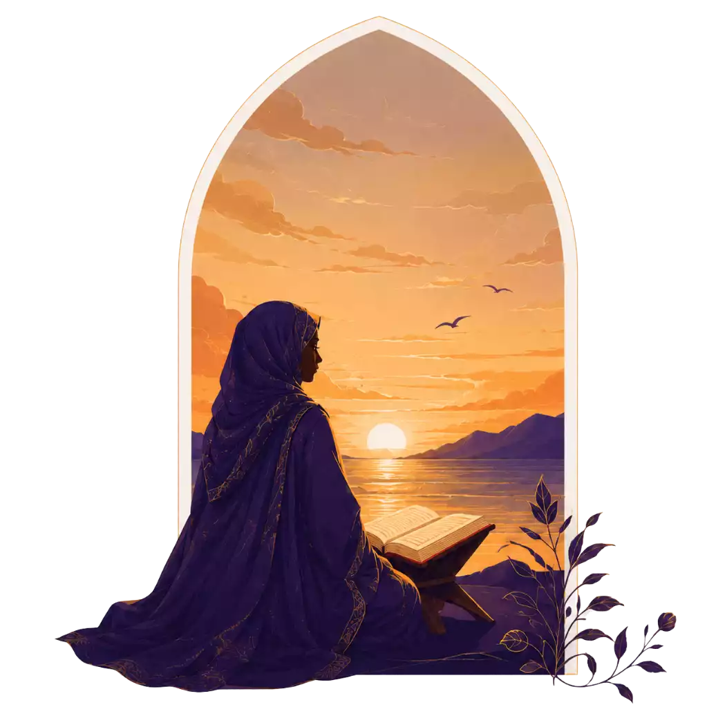 Femme voilée révisant le Coran face à la mer au coucher du soleil.